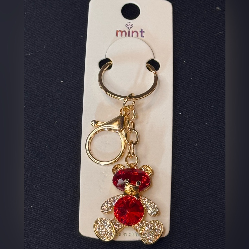 BAG CHARM Mint Red and Gold Bear Keychain